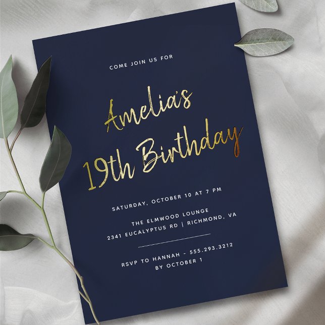 Any Age | Navy Blue and Gold  Script Birthday Foil Invitation (Creator Uploaded)