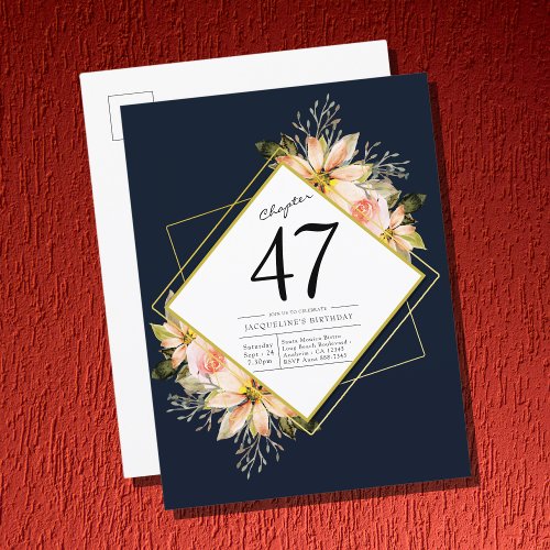 Any Age Navy Blue Floral Watercolor Birthday Invitation Postcard