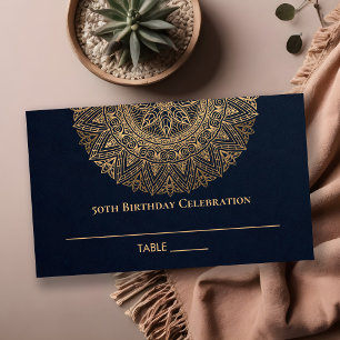 ANY AGE NAVY GOLD ORNATE MANDALA 50TH BIRTHDAY PLACE CARD