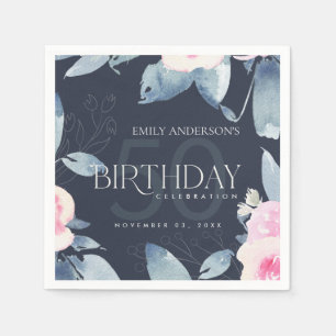 ANY AGE NAVY SOFT BLUSH BLUE FLORAL 50TH BIRTHDAY NAPKINS