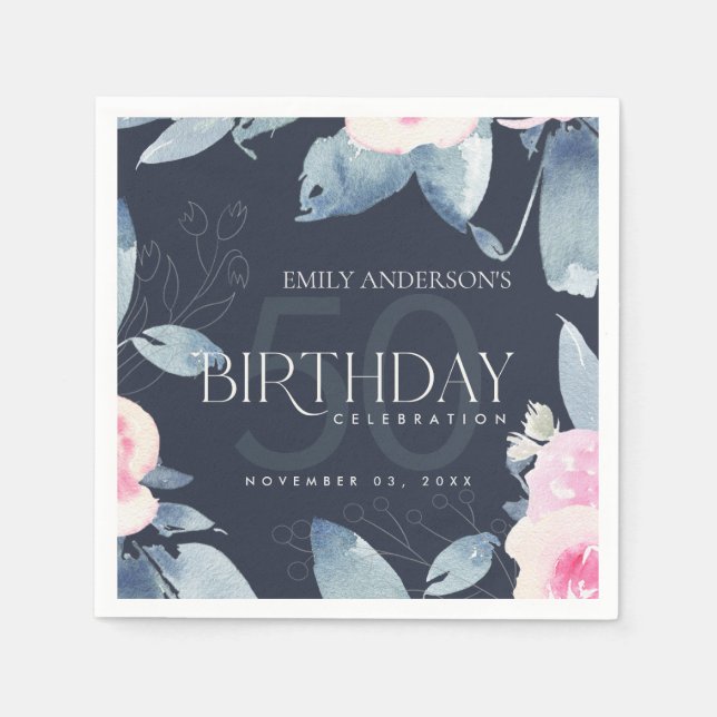 ANY AGE NAVY SOFT BLUSH BLUE FLORAL 50TH BIRTHDAY NAPKINS (Front)