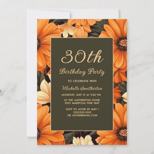 Any Age Orange Flowers Brown 30th Birthday Invitation