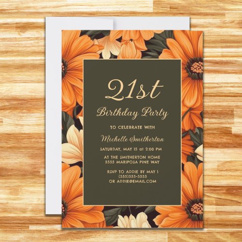 Any Age Orange Flowers Brown Birthday Invitation