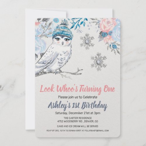 ANY AGE - Owl Floral Birthday Invitation - Owl Winter Animal 1st First Birthday Floral Glitter Watercolor Invitation