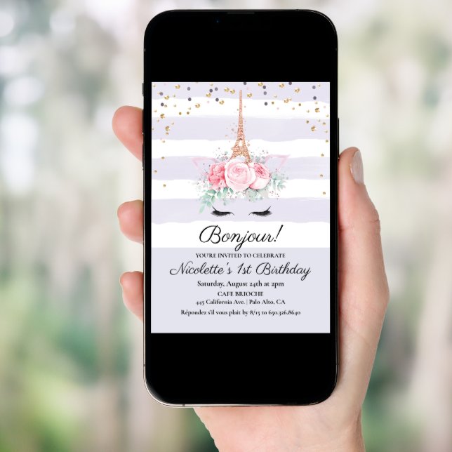 ANY AGE - Paris Unicorn Floral Birthday Invitation (Front Digital)