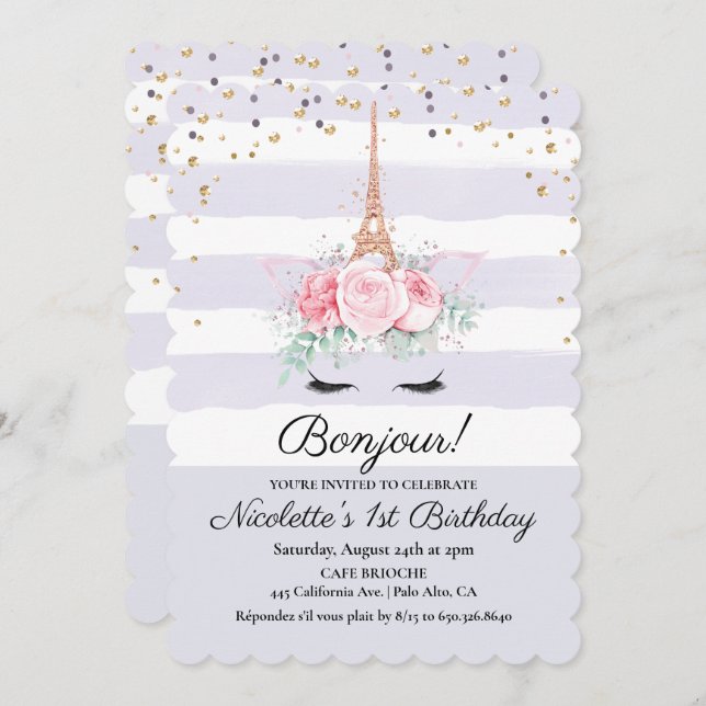 ANY AGE - Paris Unicorn Floral Birthday Invitation (Front/Back)