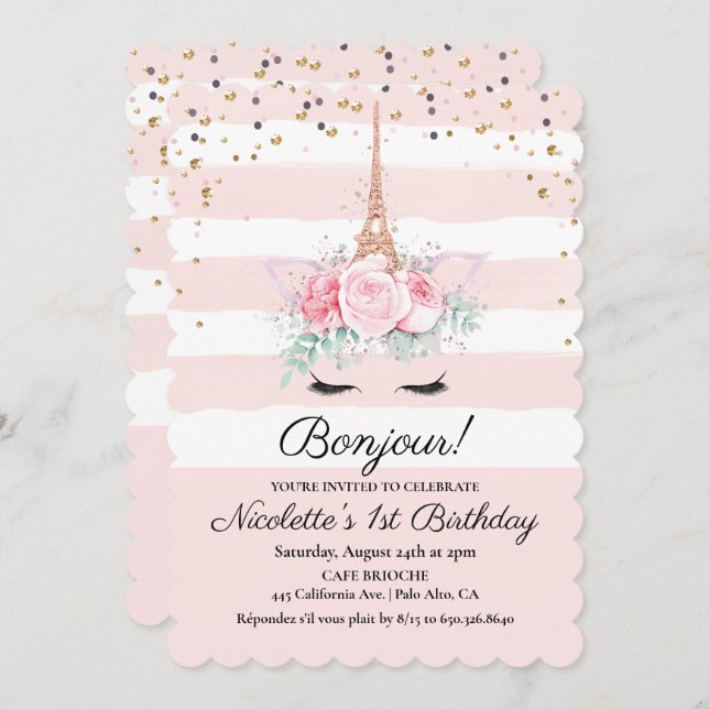 ANY AGE - Paris Unicorn Floral Birthday Invitation (Front/Back)