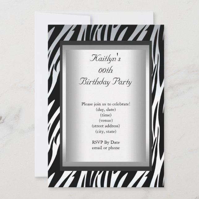 Any Age Party Birthday Black White Zebra Animal Invitation (Front)