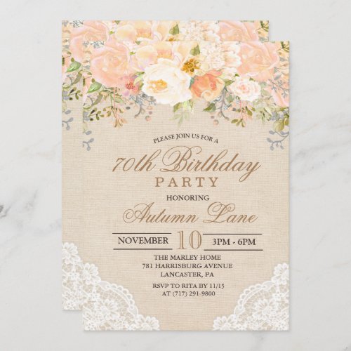 ANY AGE _ Peach Floral Lace Birthday Invitation