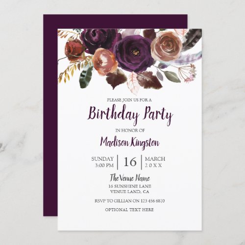 Any Age Peach  Purple Cute Floral Birthday Party Invitation