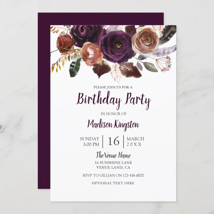 Any Age Peach & Purple Cute Floral Birthday Party Invitation | Zazzle