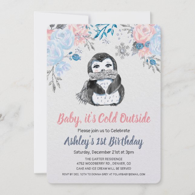 ANY AGE - Penguin Floral Birthday Invitation (Front)