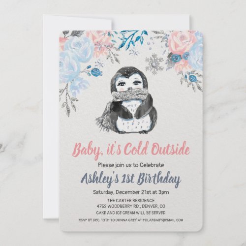 ANY AGE - Penguin Floral Birthday Invitation - Penguin Winter Animal 1st First Birthday Floral Glitter Watercolor Invitation