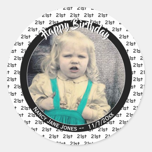 Any Age  Photo Birthday Number Pattern Black Classic Round Sticker