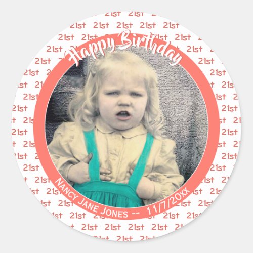 Any Age  Photo Birthday Number Pattern Coral Classic Round Sticker