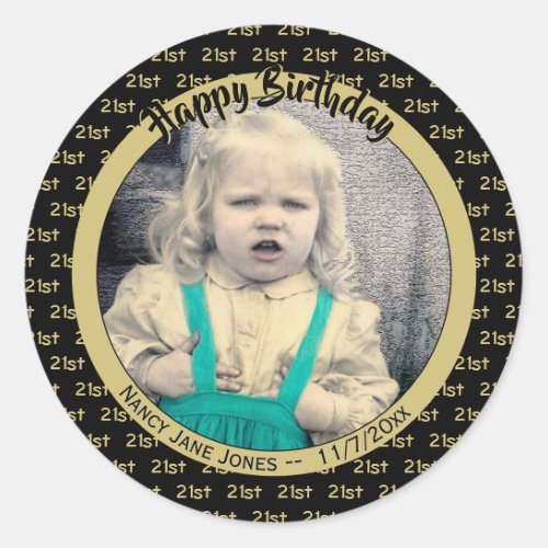 Any Age Photo Birthday Number Pattern GoldBlack Classic Round Sticker