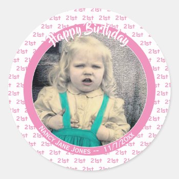 Any Age & Photo: Birthday Number Pattern Pink Classic Round Sticker by NancyTrippPhotoGifts at Zazzle