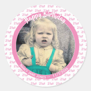 Any Age & Photo: Birthday Number Pattern Pink Classic Round Sticker