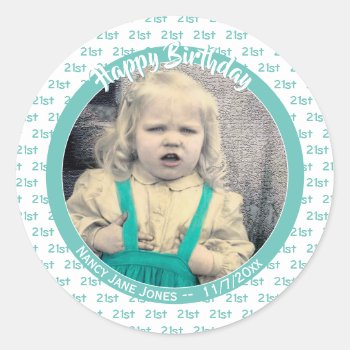 Any Age & Photo: Birthday Number Pattern Teal Classic Round Sticker by NancyTrippPhotoGifts at Zazzle