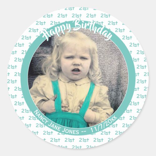 Any Age  Photo Birthday Number Pattern Teal Classic Round Sticker