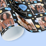 Any Age Photo Collage Birthday Balloon Blue Wrapping Paper<br><div class="desc">Make your birthday gift extra special with a personalized celebration gift wrap! This stylish template is customized with the recipient's name and age, and showcases three of your favorite photos. A seamless pattern featuring circle shapes, balloons and an elegant script font. Custom wrapping paper is an excellent way to make...</div>