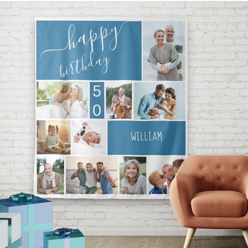 Any Age Photo Collage Personalized Blue Tapestry