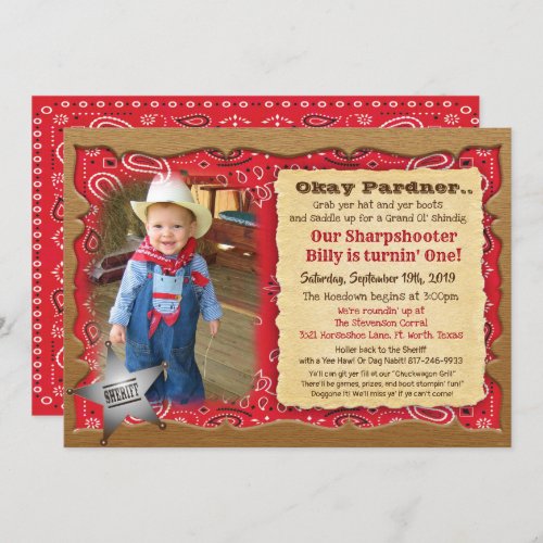 ANY AGE - Photo Cowboy Birthday Invitation - Cowboy Photo First Birthday 1st Birthday Red Bandana Wood Rustic Invitation