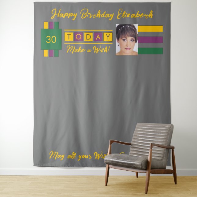Any age photo green grey birthday party backdrop (In Situ)