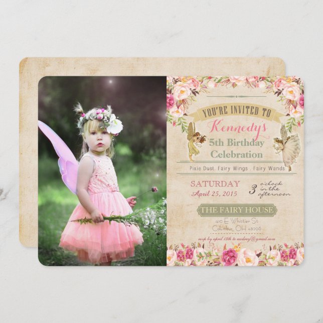 ANY AGE - Photo Vintage Fairy Birthday Invitation (Front/Back)