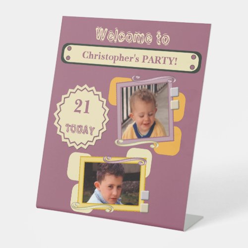 Any age photos name burgundy 21st party welcome pedestal sign