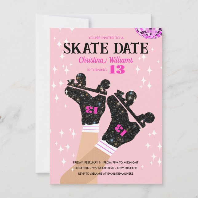 Any Age Pink Disco Roller Skate Birthday Invitation (Front)