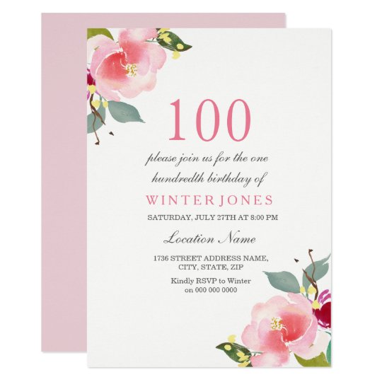 any age pink floral 100th birthday party invite zazzle com