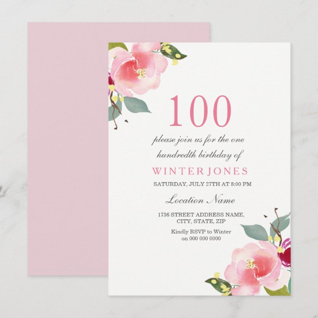 Any Age Pink Floral 100th Birthday Party Invite (Front/Back)