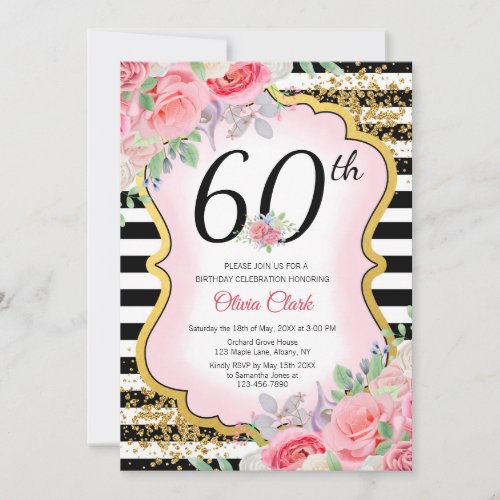 Any Age Pink Floral Gold Glitter Invitation