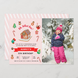 Any Age Pink Gingerbread House Christmas Birthday Invitation