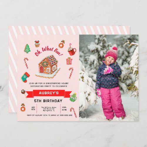 Any Age Pink Gingerbread House Christmas Birthday  Invitation