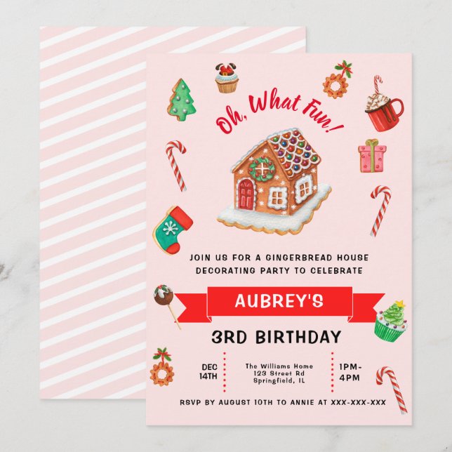 Any Age Pink Gingerbread House Christmas Birthday  Invitation (Front/Back)