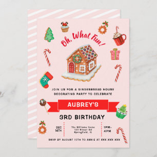 Any Age Pink Gingerbread House Christmas Birthday Invitation
