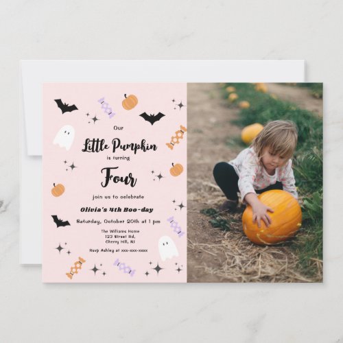 Any Age Pink Our Little Pumpkin Halloween Birthday Invitation