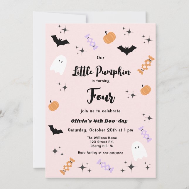 Any Age Pink Our Little Pumpkin Halloween Birthday Invitation (Front)