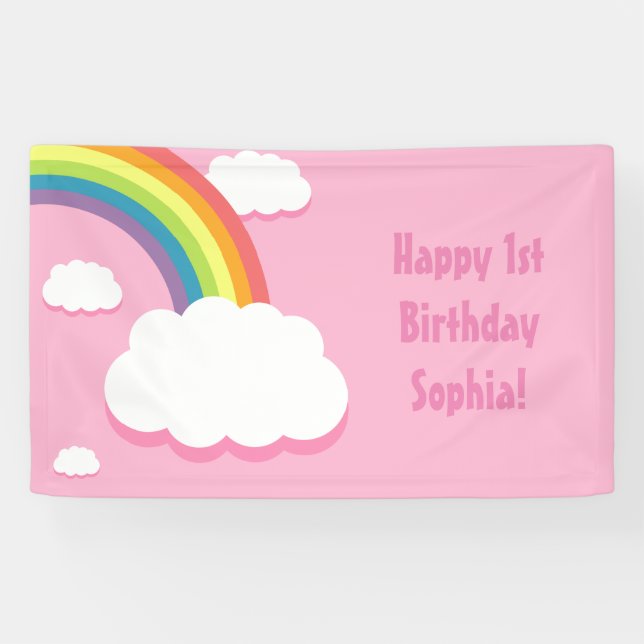 Any Age Pink Rainbow Cloud Birthday Banner (Horizontal)