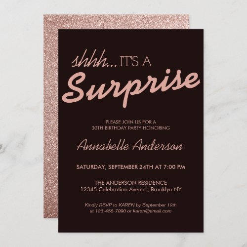 Any Age Pink Rose Gold Glitter Surprise Birthday Invitation