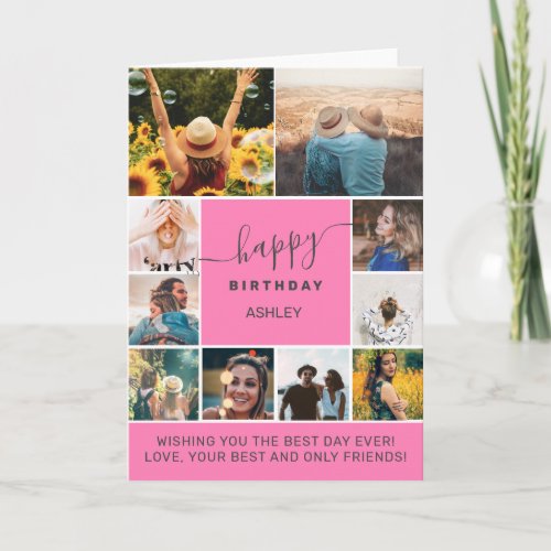 Any age pink simple birthday 10 photo collage grid card