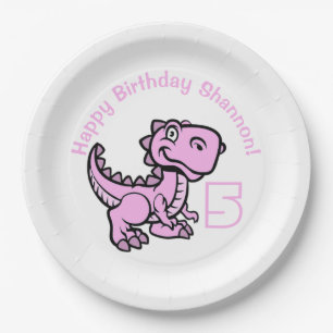 Any Age Pink T Rex Dinosaur Birthday Paper Plates