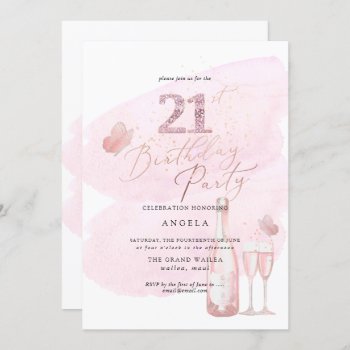 Any Age  Pink Watercolor Champagne 21st Invitation by custom_stationery at Zazzle