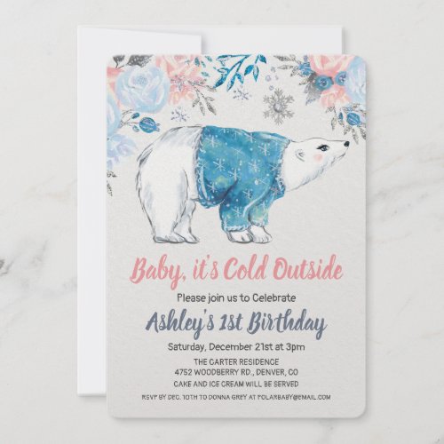ANY AGE - Polar Bear Floral Birthday Invitation - Polar Bear 1st First Birthday Floral Glitter Watercolor Invitation