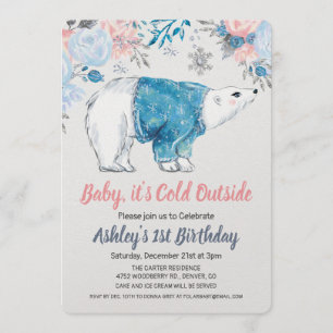 ANY AGE - Polar Bear Floral Birthday Invitation