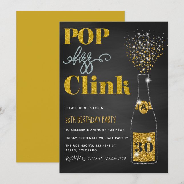 Any Age Pop fizz clink glitter chalkboard Birthday Invitation (Front/Back)