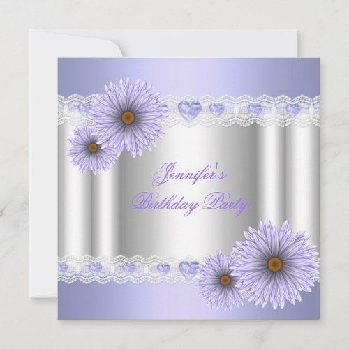 Any Age Pretty Silver Lilac Birthday Party Flower Custom Invitations