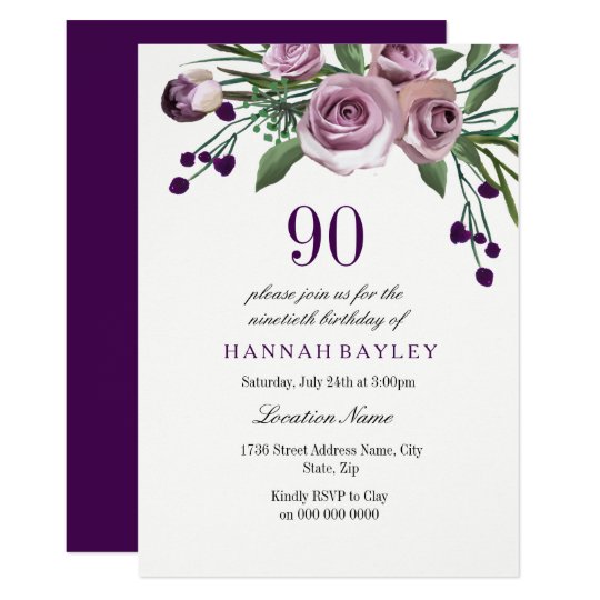 Any Age Purple Plum Rose 90th Birthday Invitation | Zazzle.com